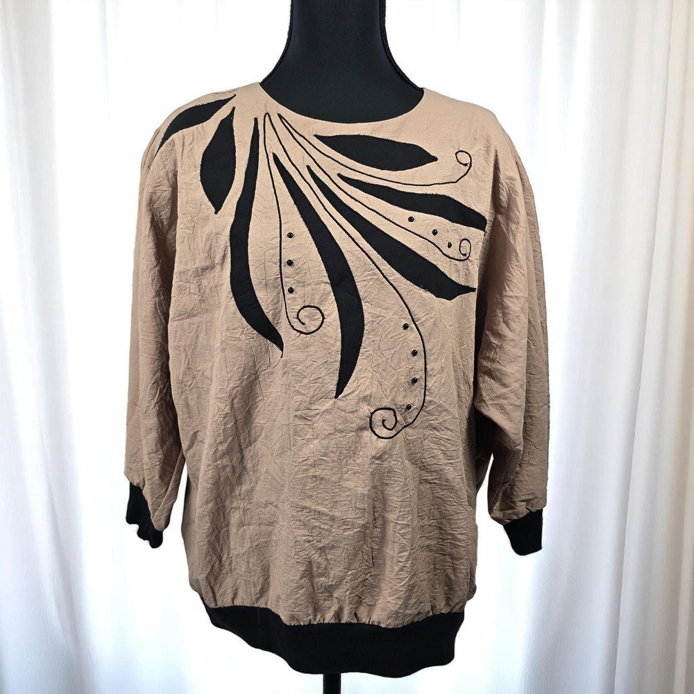 Vintage G.W. Originals Pullover Top Woman Large Beige 3/4 Sleeve 80s Disco Retro